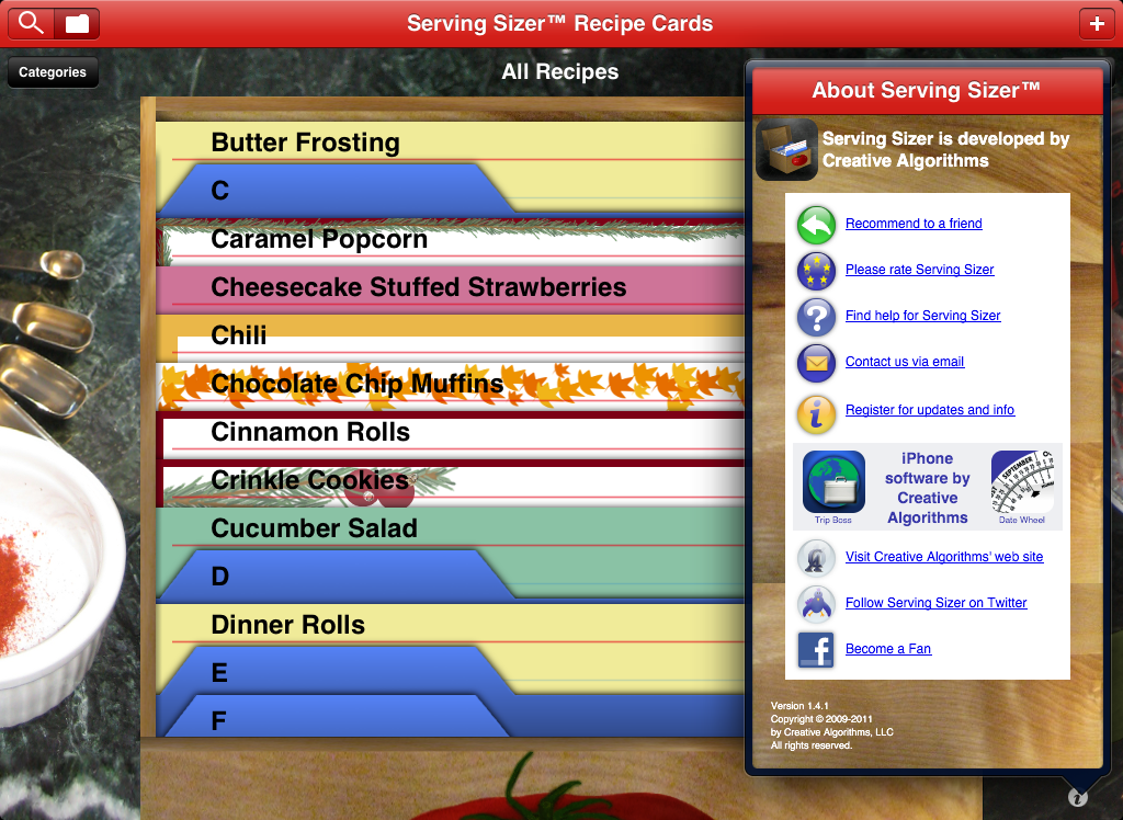 click image to view full size Serving Sizer recipe cards index and help