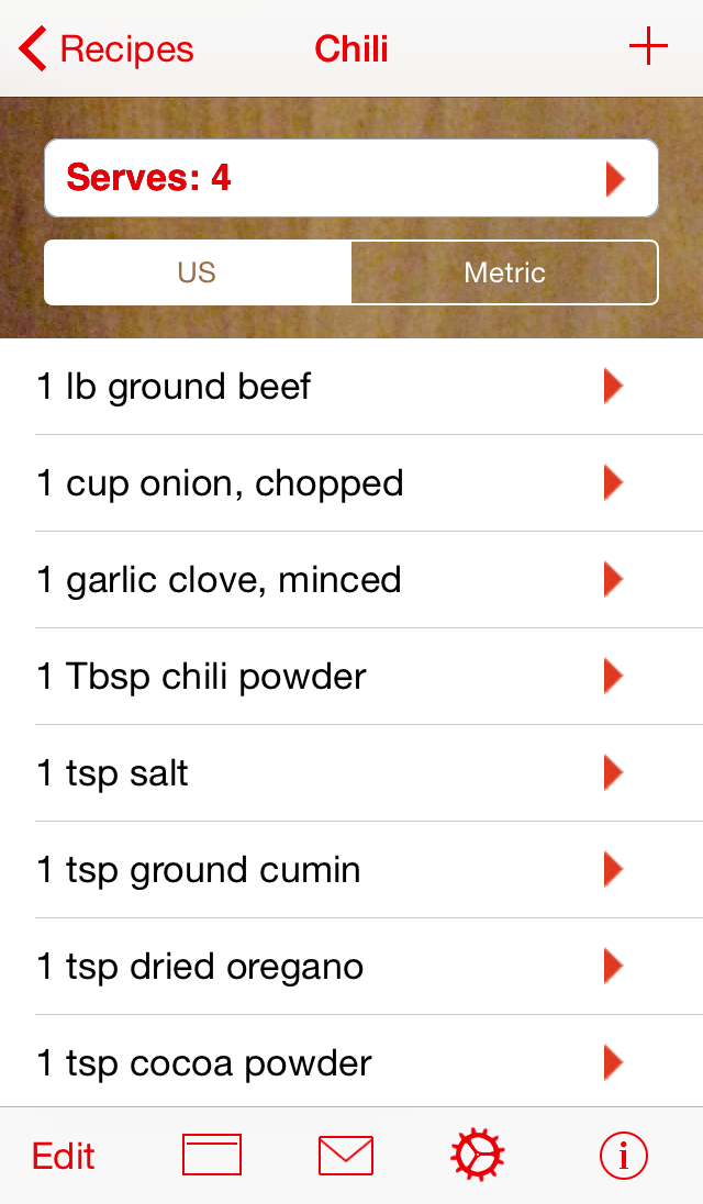 edit recipe content Serving Sizer main recipe screen